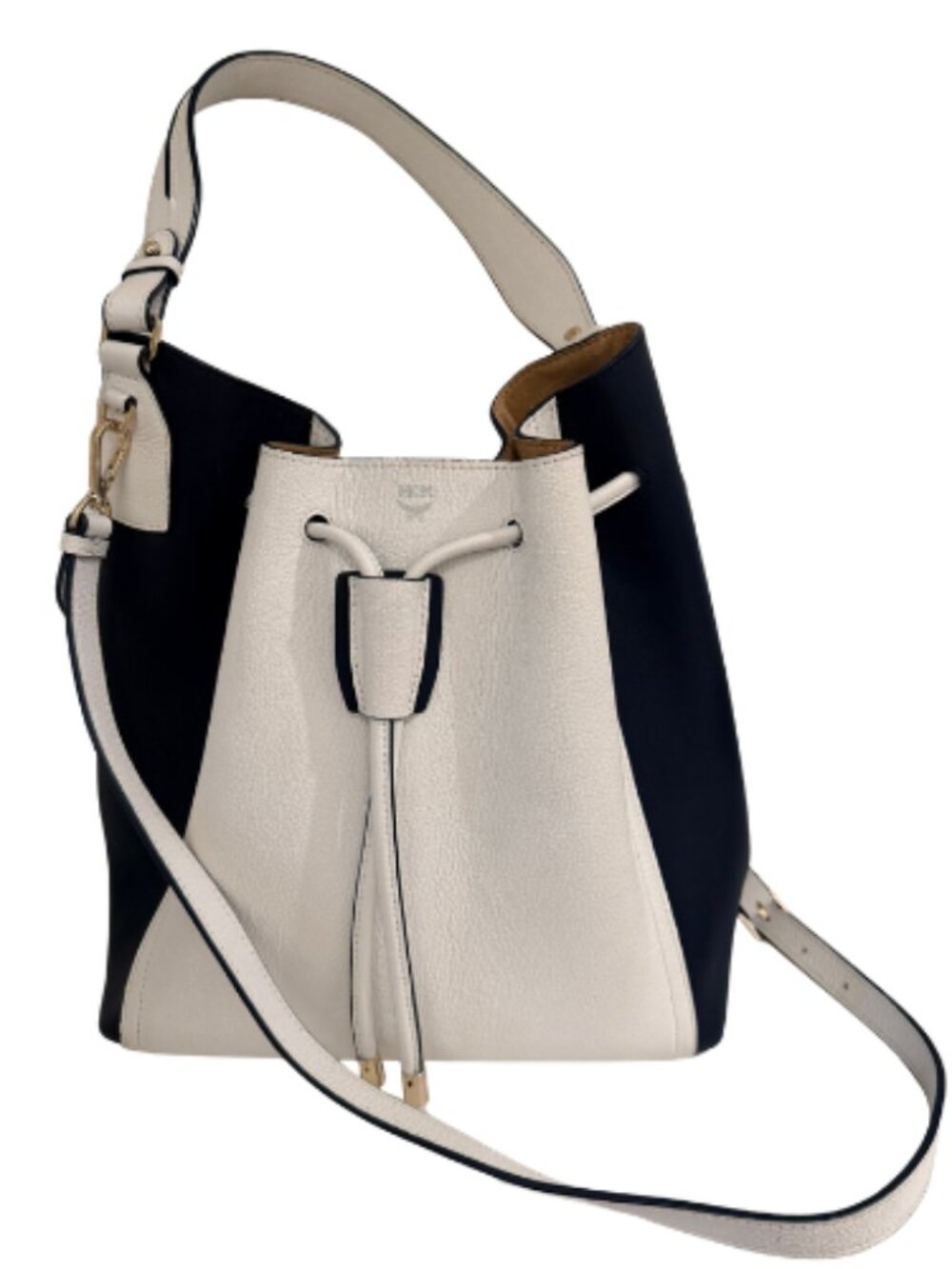 MCM leather bucket bag in navy and white colorblock